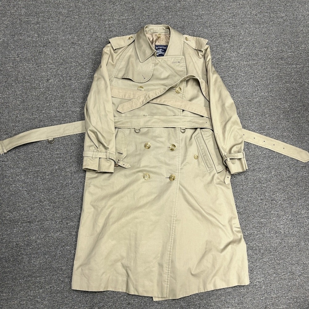 Burberrys Trench Coat Mens 42L Beige Nova Check Lining Wool Liner Belted Long B4